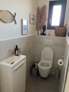 uma pequena casa de banho com WC e lavatório em Jolie maison avec piscine em Nissan-lez-Enserune