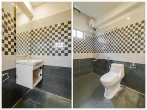 Duas fotografias de uma casa de banho com WC e lavatório. em Quilon Residency em Alappuzha