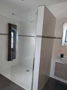 a glass shower in a bathroom with a sink at Ferienwohnung Zur Kirschallee in Hochkirch