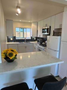 a kitchen with a counter with a vase of flowers on it at Darling, Peaceful, Near Beach, EV Charger in Santa Barbara