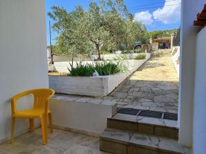 une chaise jaune assise sur une terrasse couverte avec un arbre dans l'établissement ΔΙΑΚΟΠΕΣ ΣΤΗ ΘΑΣΟ ! ! !, à Theológos