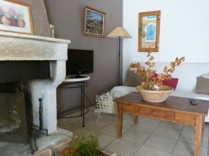 MaubecにあるCharming Cottage in Opp de amidst Vineyardsのリビングルーム(暖炉、ソファ付)