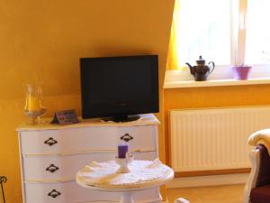 a tv sitting on top of a dresser with a tv on it at Beautiful Apartment in Damgarten with Garden in Ribnitz-Damgarten
