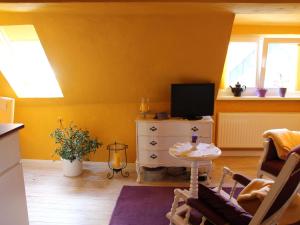 a yellow living room with a tv and a table at Beautiful Apartment in Damgarten with Garden in Ribnitz-Damgarten