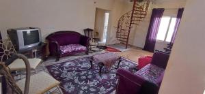 sala de estar con TV y sillas en Lovely 5Bedroom Villa -Compound - Swimming Pool at Green Oasis Resort, en ‘Izbat as Sarāḩnah