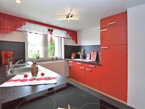 una cocina con armarios rojos y fregadero en Cozy Apartment in Lichtenhain Germany With Garden en Lichtenhain