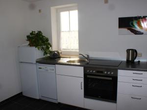 een witte keuken met een wastafel en een fornuis bij Cosy Apartment in Wei ig with Garden in Struppen