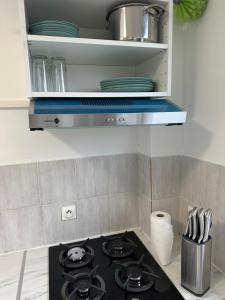 a stove top in a kitchen with plates on a shelf at Chambre proche de paris métro 7 La Courneuve 3 in La Courneuve