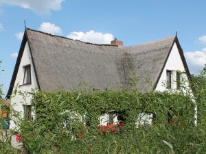 a white house with a gray roof with red flowers at Cosy Apartment in Pepelow near Baltic Sea in Pepelow