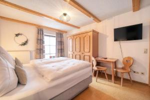 Schlafzimmer mit einem Bett, einem Schreibtisch und einem TV in der Unterkunft Hotel Hirschenstein in Achslach