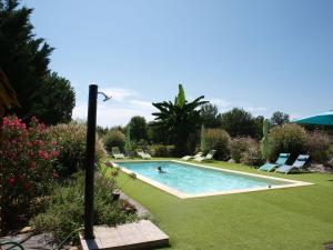 Peyzac-le-Moustier的住宿－Lovely cottage in Peyzac le Moustier with Terrace，在院子里的游泳池游泳的人