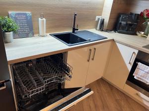 a kitchen with a dish rack in an oven at Marijas Apartment with Comfort for 5 in Rīga +22 photos