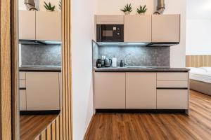 uma cozinha com armários brancos e um lavatório em Design Apartments Lužánky em Brno