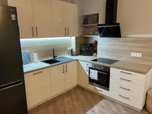 La cuisine est équipée de placards blancs et d'un réfrigérateur noir. dans l'établissement Marijas Street Apartment with Comfort for 5 in Riga Centre, à Riga