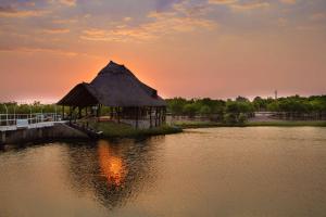 a hut in the middle of a body of water at Stephen Margolis Resort in Harare