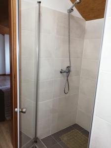 y baño con ducha y puerta de cristal. en Recantos do Castanheiro en Porto Moniz