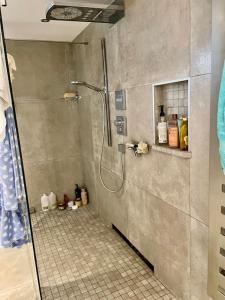 La salle de bains est pourvue d'une douche et de carrelage. dans l'établissement Villa avec piscine au cœur de la ville, à Tournon-sur-Rhône
