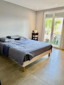 - une chambre avec un lit et une couverture bleue dans l'établissement Villa avec piscine au cœur de la ville, à Tournon-sur-Rhône