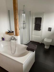een witte badkamer met een wastafel en een toilet bij Ferienvermietung Schneider in Wiehl