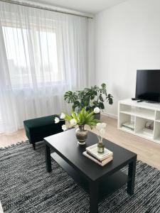 a living room with a black coffee table and a tv at Modernūs apartamentai Šilutėje in Šilutė