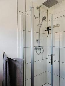 W łazience znajduje się prysznic ze szklanymi drzwiami. w obiekcie NEU! Ferienhaus zur Hortensie 