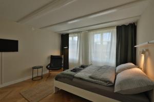 Un dormitorio con una cama grande y una ventana en Union Apartments Bern-Belp, en Belp