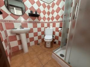 een badkamer met een toilet, een wastafel en een spiegel bij Casa rural en Badajoz in Jerez de los Caballeros