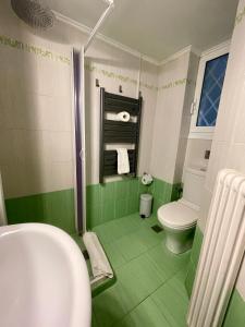 baño verde con aseo y lavamanos en Athens Spirit Apartment en Athens