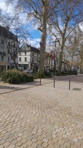 a cobblestone street with trees and buildings in a city at Chez Eric le n2 in Tours +9 photos