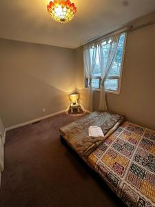 1 dormitorio con cama, ventana y lámpara en Charming Affordable Accommodation 20 min to Toronto P3, en Pickering