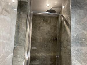 La salle de bains est pourvue d'une douche avec une porte en verre. dans l'établissement Cosy Studio in Heart of London, à Londres