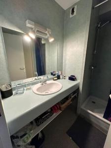 ein Bad mit einem Waschbecken, einem Spiegel und einer Dusche in der Unterkunft Appartement La Rochelle in La Rochelle