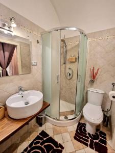 La salle de bains est pourvue d'une douche, de toilettes et d'un lavabo. dans l'établissement siculi central apartment, à Catane