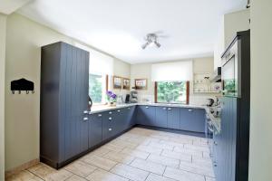 cocina con armarios azules y suelo de baldosa en Westerwald Ferien Villa - 21 Personen - Kino, Bar, Sauna und Whirlpool en Schutzbach