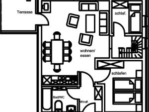 a black and white floor plan of a house at Comfortable holiday home with 2 bathrooms in the Bruchttal in Bredenborn