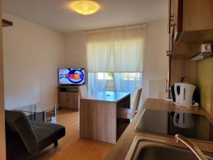 a kitchen and living room with a table and a tv at apartmentHAUSmannstätten in Hausmannstätten