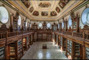Una biblioteca con muchos estantes de libros y un techo en Benedettini - Suites, en Catania