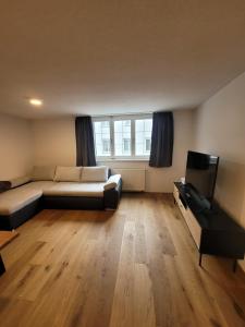 ein Wohnzimmer mit einem Bett und einem TV in der Unterkunft Waibel Appartement Bezau in Bezau