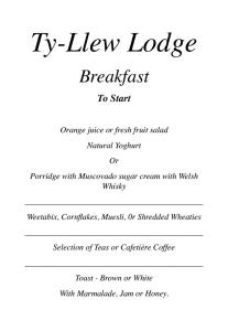 une page d'un menu pour un restaurant dans l'établissement Ty Llew Lodge, à Abergavenny