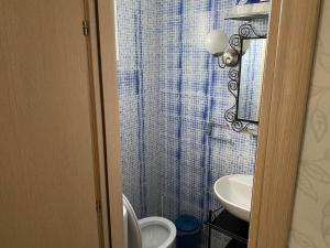 bagno con lavandino, servizi igienici e specchio di Olympus Miracle a Limín Litochórou