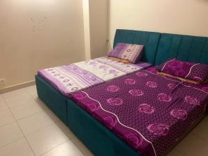 a green couch with a purple blanket and pillows on it at Bahria Villa in Karachi