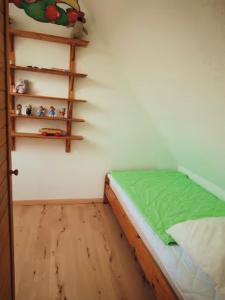 a bedroom with a green bed and a shelf at Ferienwohnung Frische Brise in Drewoldke
