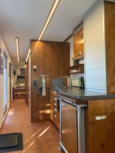 cocina con armarios de madera y encimera negra en Tiny House im Seecontainer mit Parkplatz, Glasfaser, Netflix, Veranda und gehobener Ausstattung en Coburg