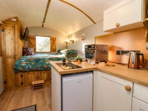 eine Küche mit einem Waschbecken und ein Bett in einem Zimmer in der Unterkunft The Foxes Den Shepherds Hut in Bristol