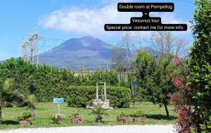uma montanha à distância com um sinal que lê vesuvian tour preço especial em B&B PompeiLog em Pompeia