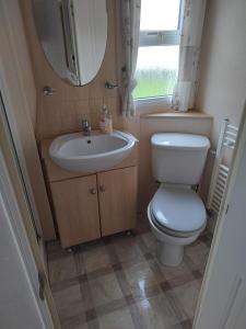 a small bathroom with a toilet and a sink at Presthaven Sands in Prestatyn