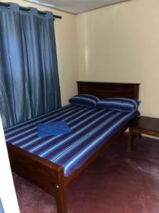 ORENDA ECO LODGE & SPA في غالي: سرير ذو أغطية زرقاء وستارة زرقاء