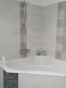 e bagno con vasca bianca e doccia. di Chez Marylene a Soisy-sur-École Altre 7 foto