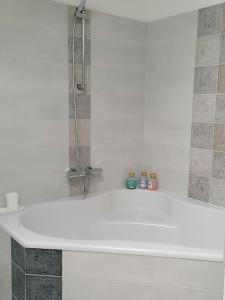 a white bath tub with a shower in a bathroom at Chez Mary in Soisy-sur-École