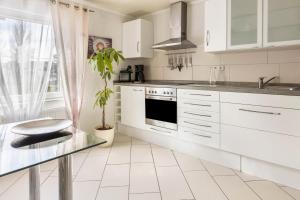 una cocina con armarios blancos y una planta en Apartment City, en Radolfzell am Bodensee